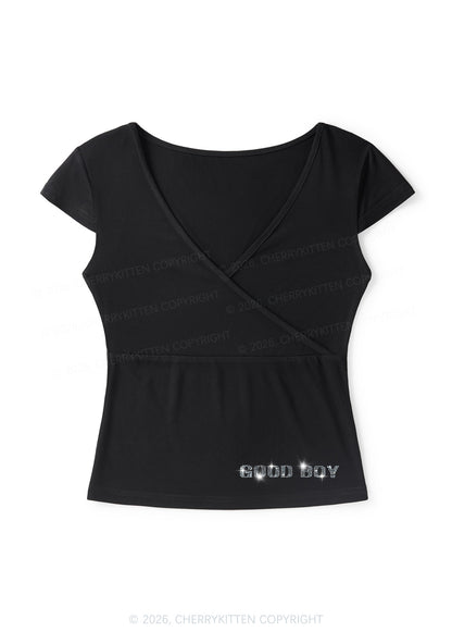 Rhinestone Good Boy Y2K Wrap V Neck T Shirts Cherrykitten