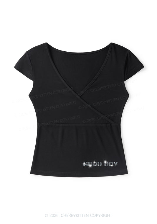 Rhinestone Good Boy Y2K Wrap V Neck T Shirts Cherrykitten
