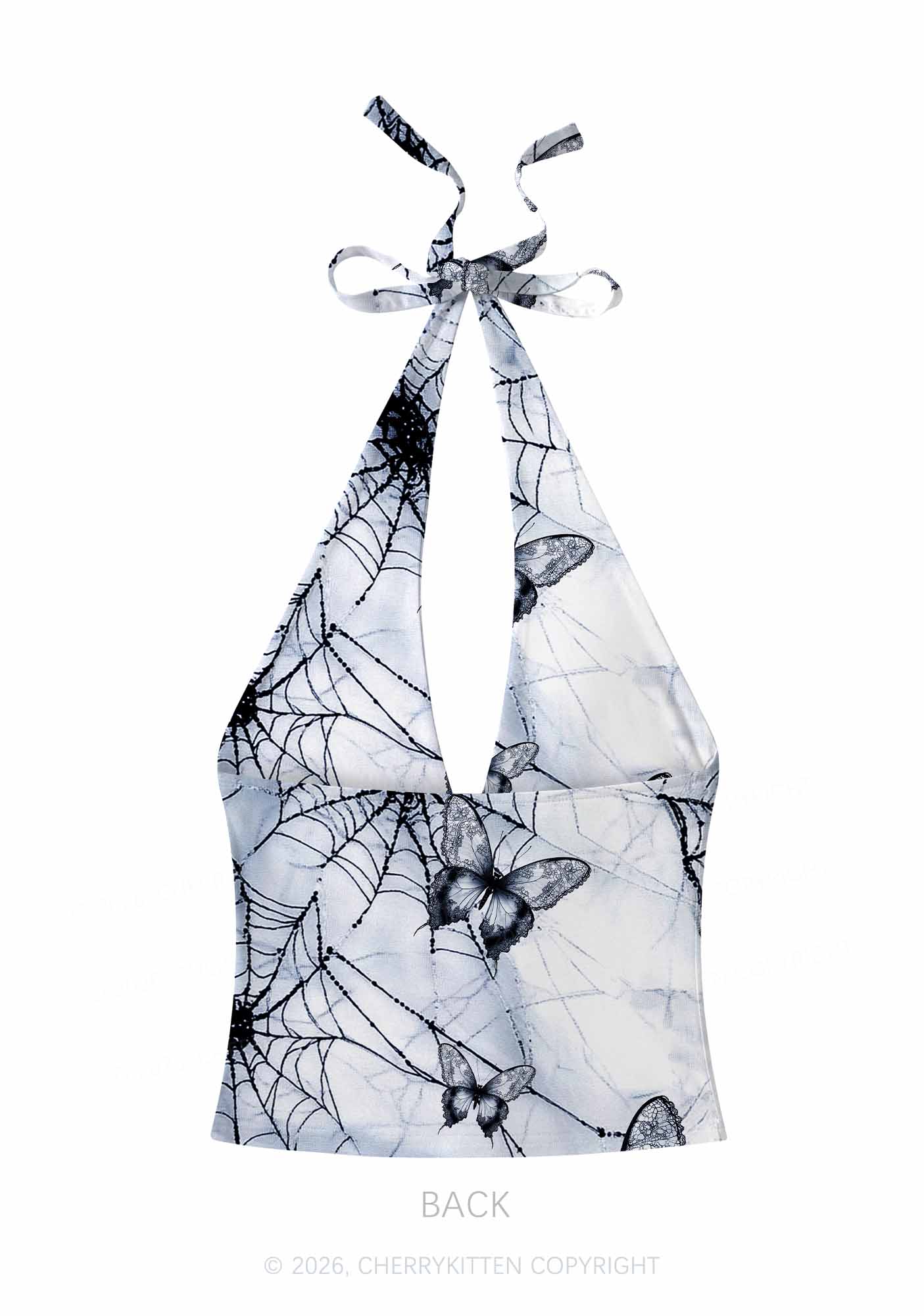 Web And Butterflies Y2K Print Halter Deep V Neck Cami Cherrykitten