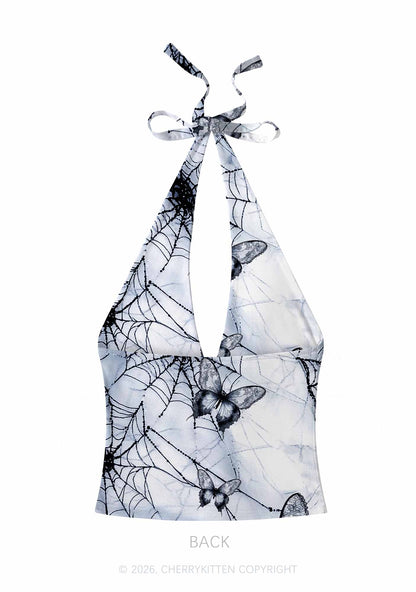 Web And Butterflies Y2K Print Halter Deep V Neck Cami Cherrykitten