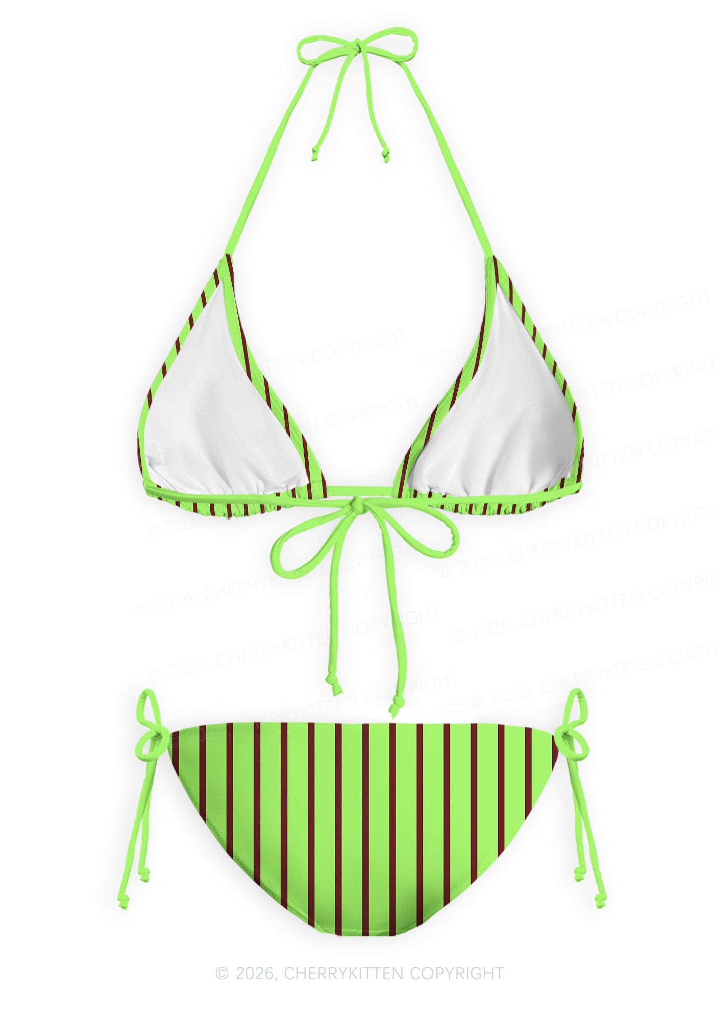 Green Brown Stripes Y2K Print Bikini Set Cherrykitten