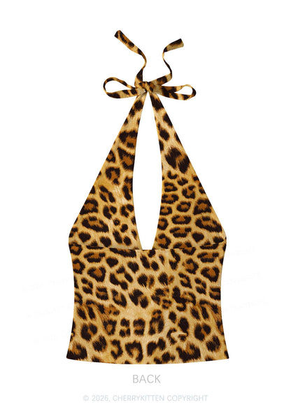 Brown Leopard Y2K Print Halter Deep V Neck Cami Cherrykitten