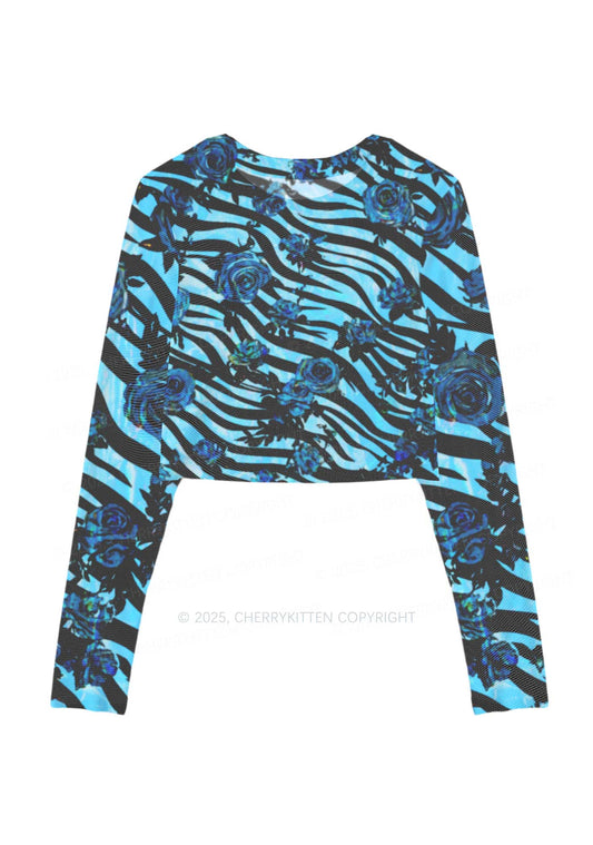 Blue Zebra Roses Y2K Mesh Long Sleeve Crop Top Cherrykitten