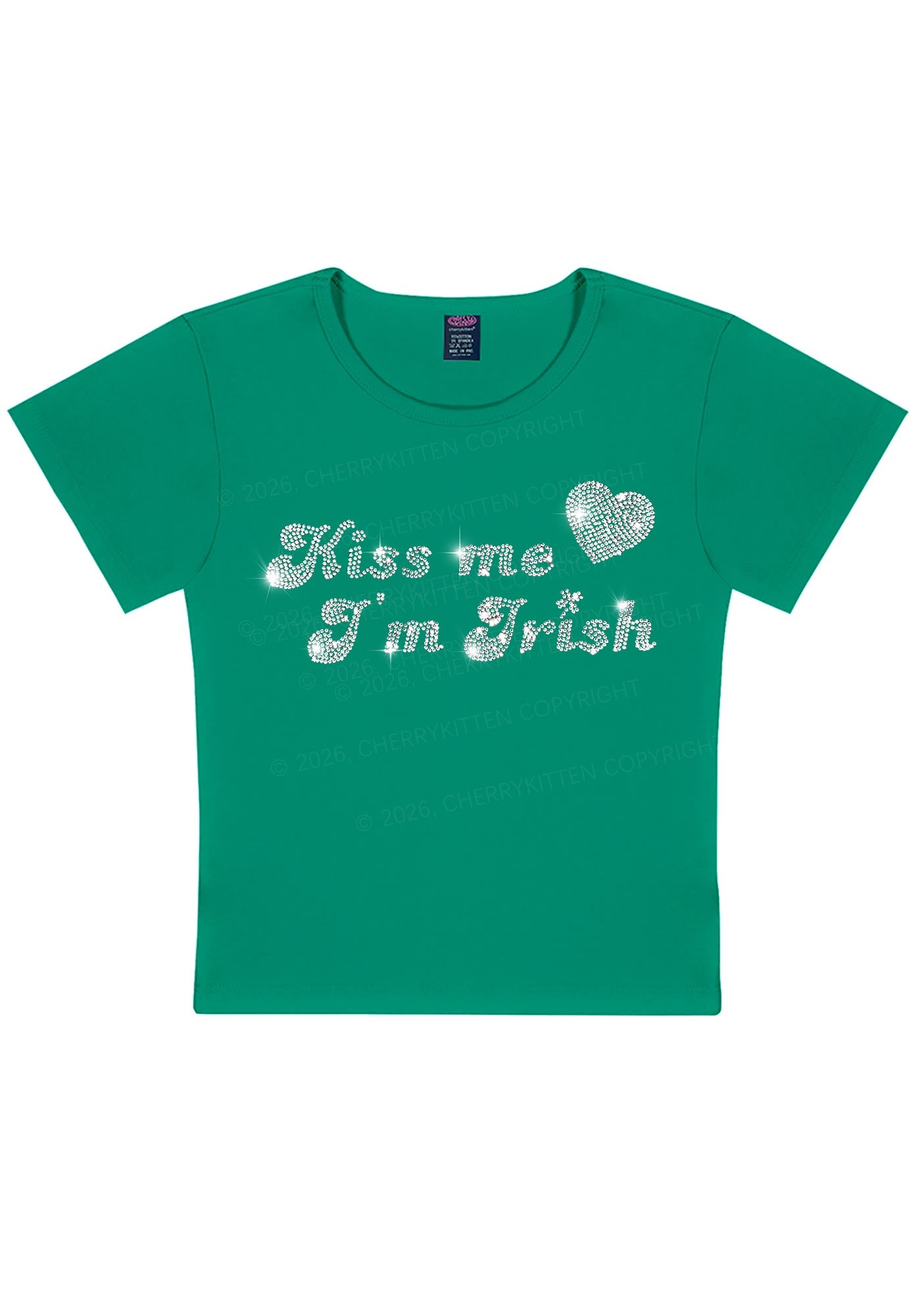 Rhinestone Kiss Me St Patricks Y2K Baby Tee Cherrykitten