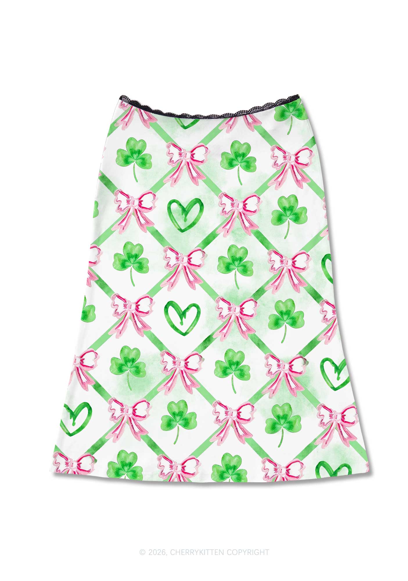 Shamrock Pink Bows St Patricks Y2K Print Midi Skirt Cherrykitten