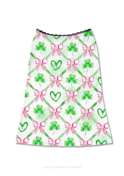 Shamrock Pink Bows St Patricks Y2K Print Midi Skirt Cherrykitten