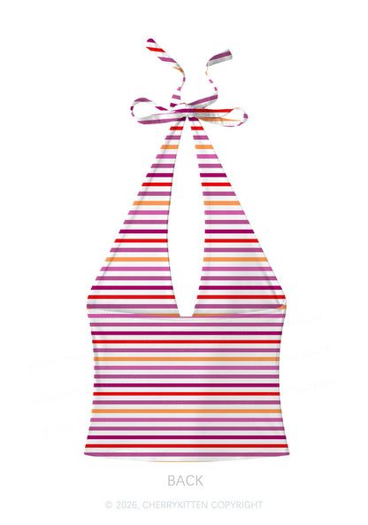 Lesbian Stripes Pride Y2K Print Halter Deep V Neck Cami Cherrykitten