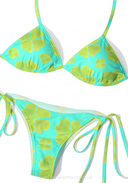 Green Four Leaf Clover Y2K Print Bikini Set Cherrykitten