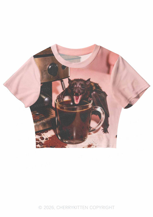 Halloween Bat Coffee Y2K Mesh Crop Top Cherrykitten
