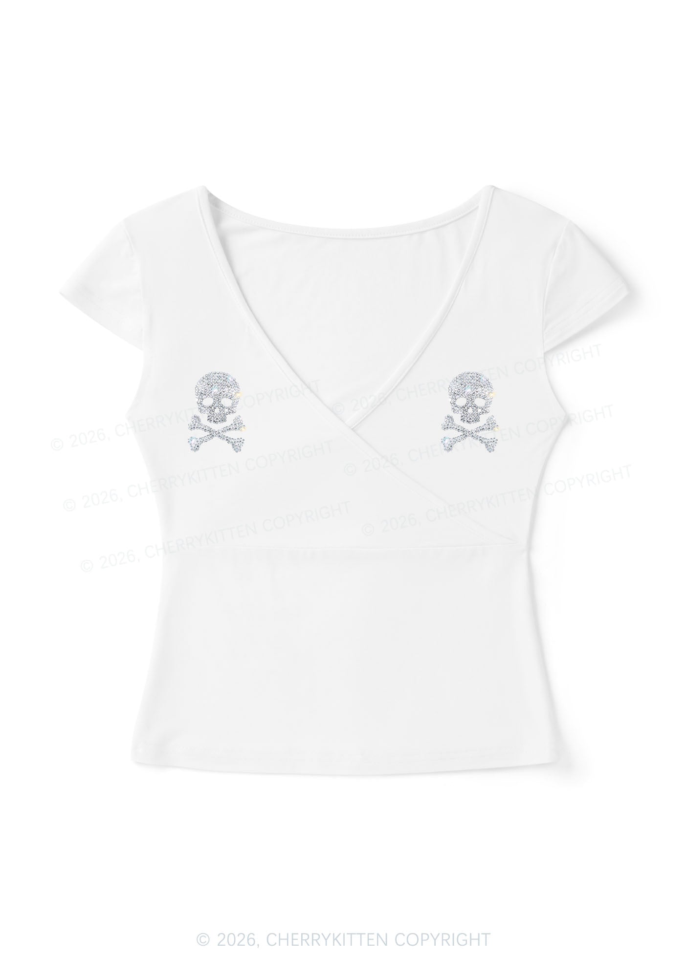 Rhinestone Skull Y2K Wrap V Neck T Shirts Cherrykitten