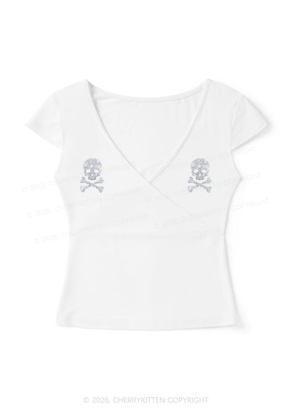 Rhinestone Skull Y2K Wrap V Neck T Shirts Cherrykitten