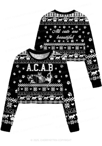 Black ACAB Cats Y2K Christmas Crop Knit Sweatshirt Cherrykitten