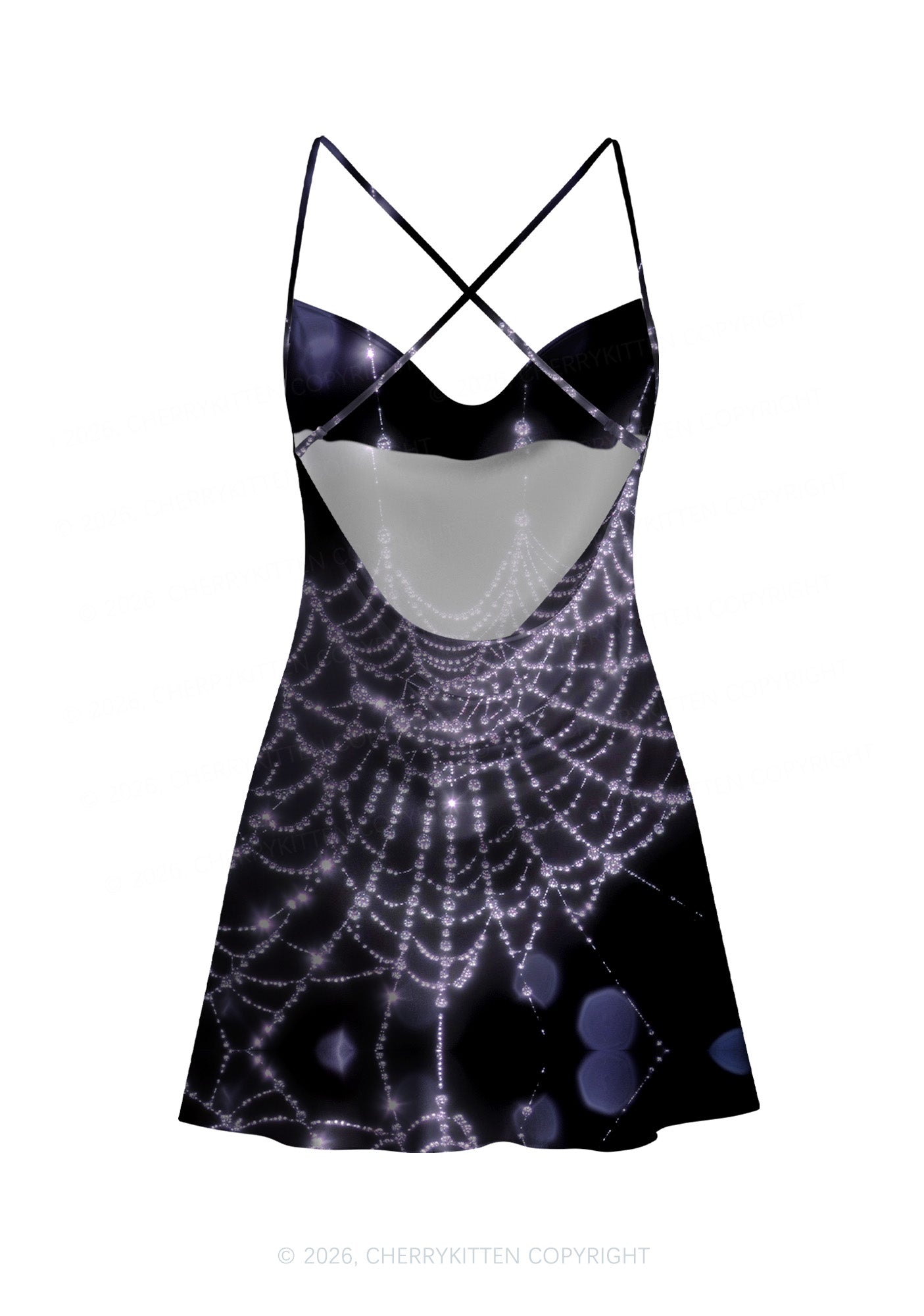 Glistening Spiderweb Y2K Print Satin Cowl Neck Slip Dress Cherrykitten