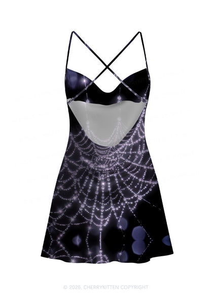 Glistening Spiderweb Y2K Print Satin Cowl Neck Slip Dress Cherrykitten