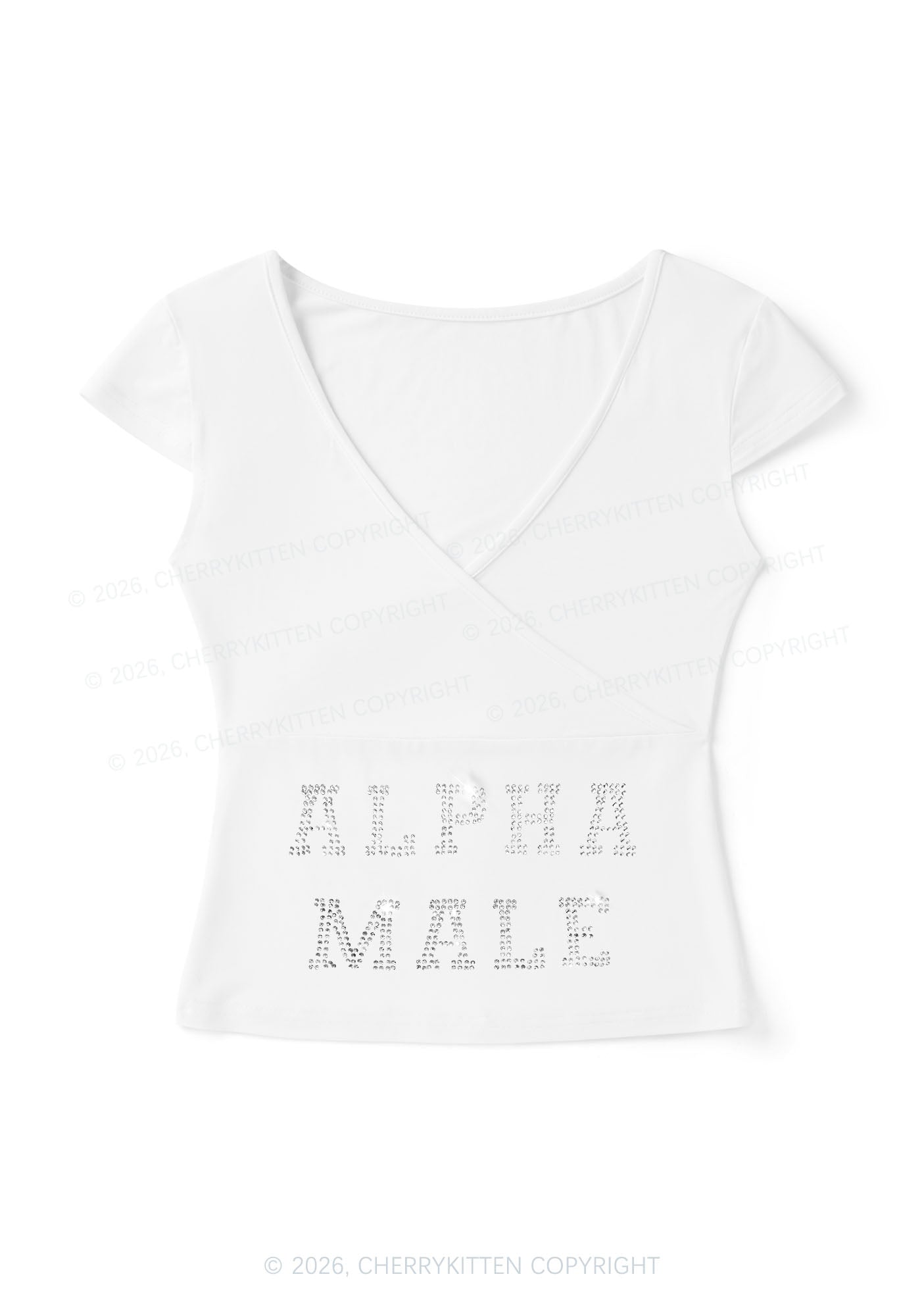 Rhinestone Alpha Male Y2K Wrap V Neck T Shirts Cherrykitten