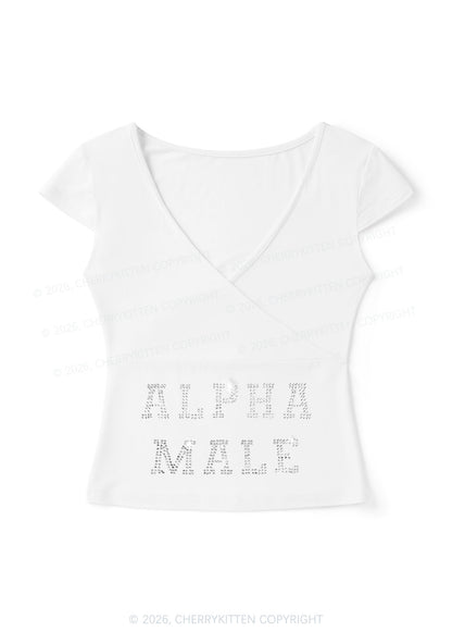 Rhinestone Alpha Male Y2K Wrap V Neck T Shirts Cherrykitten
