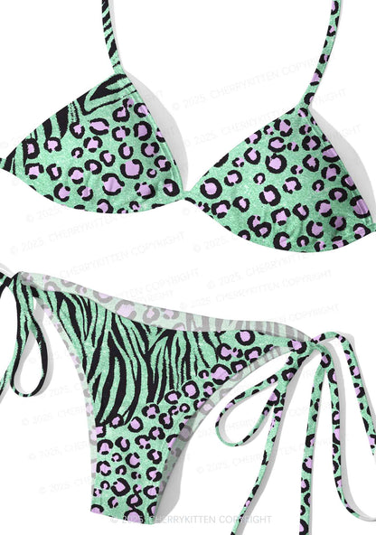 Green Zebra Pink Leopard Y2K Print Bikini Set Cherrykitten