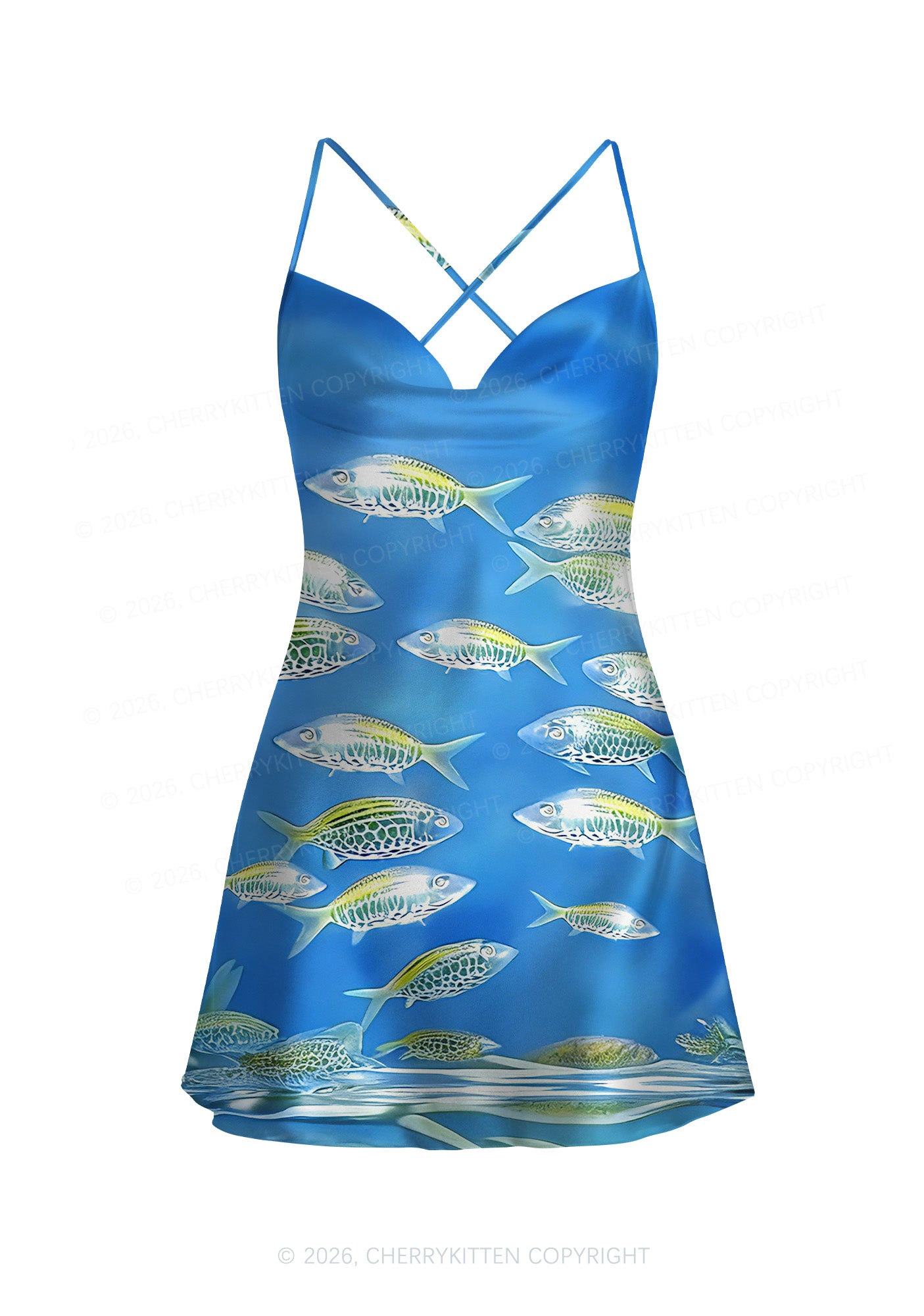 Undersea Fish Y2K Print Satin Cowl Neck Slip Dress Cherrykitten
