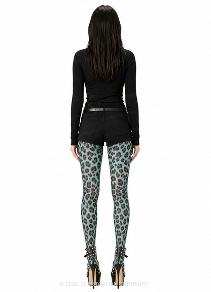 Mint Green Leopard Thin Pantyhose Y2K Tights Cherrykitten