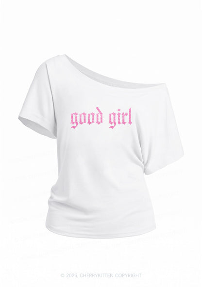Glitter Good Girl Y2K Off Shoulder Tee Cherrykitten