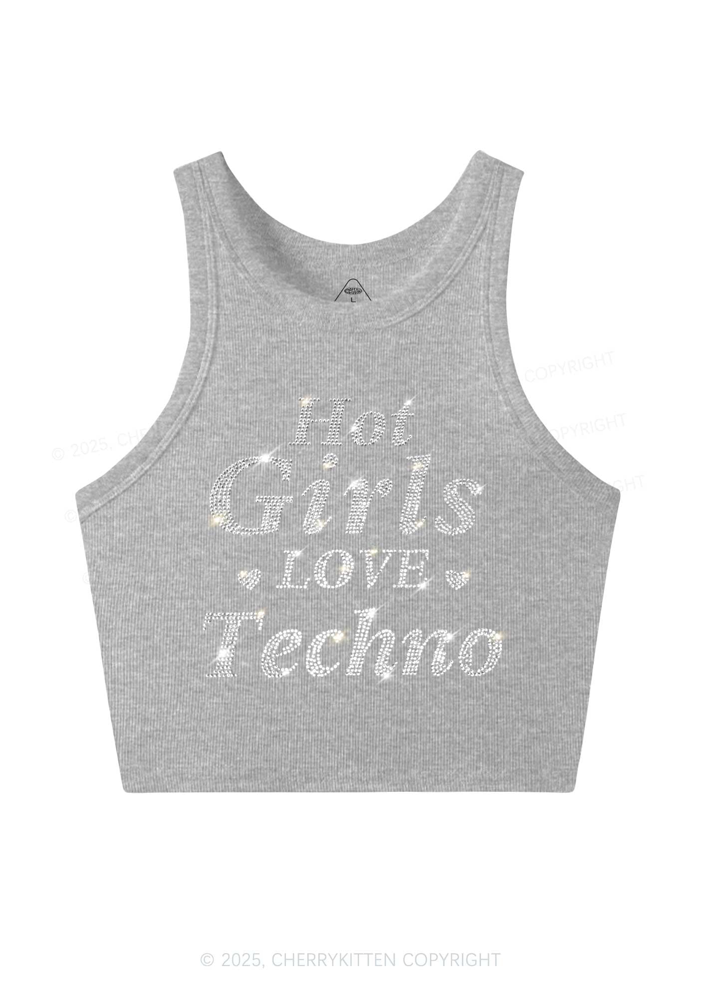 Rhinestone Hot Girls Love Techno Y2K Crop Tank Top Cherrykitten