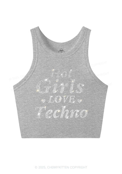 Rhinestone Hot Girls Love Techno Y2K Crop Tank Top Cherrykitten