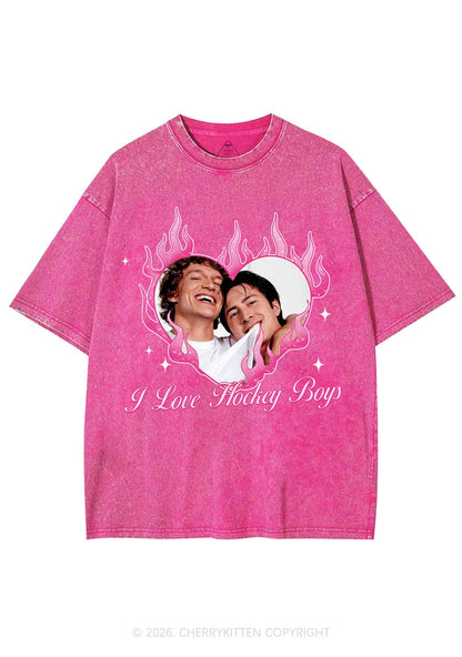 I Love Hockey Boys Pink Heart HR Y2K Shirts Washed Tee Cherrykitten