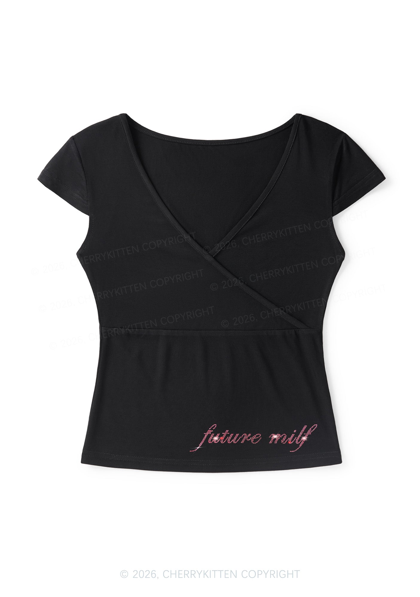 Rhinestone Future Mxxf Y2K Wrap V Neck T Shirts Cherrykitten