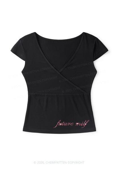 Rhinestone Future Mxxf Y2K Wrap V Neck T Shirts Cherrykitten