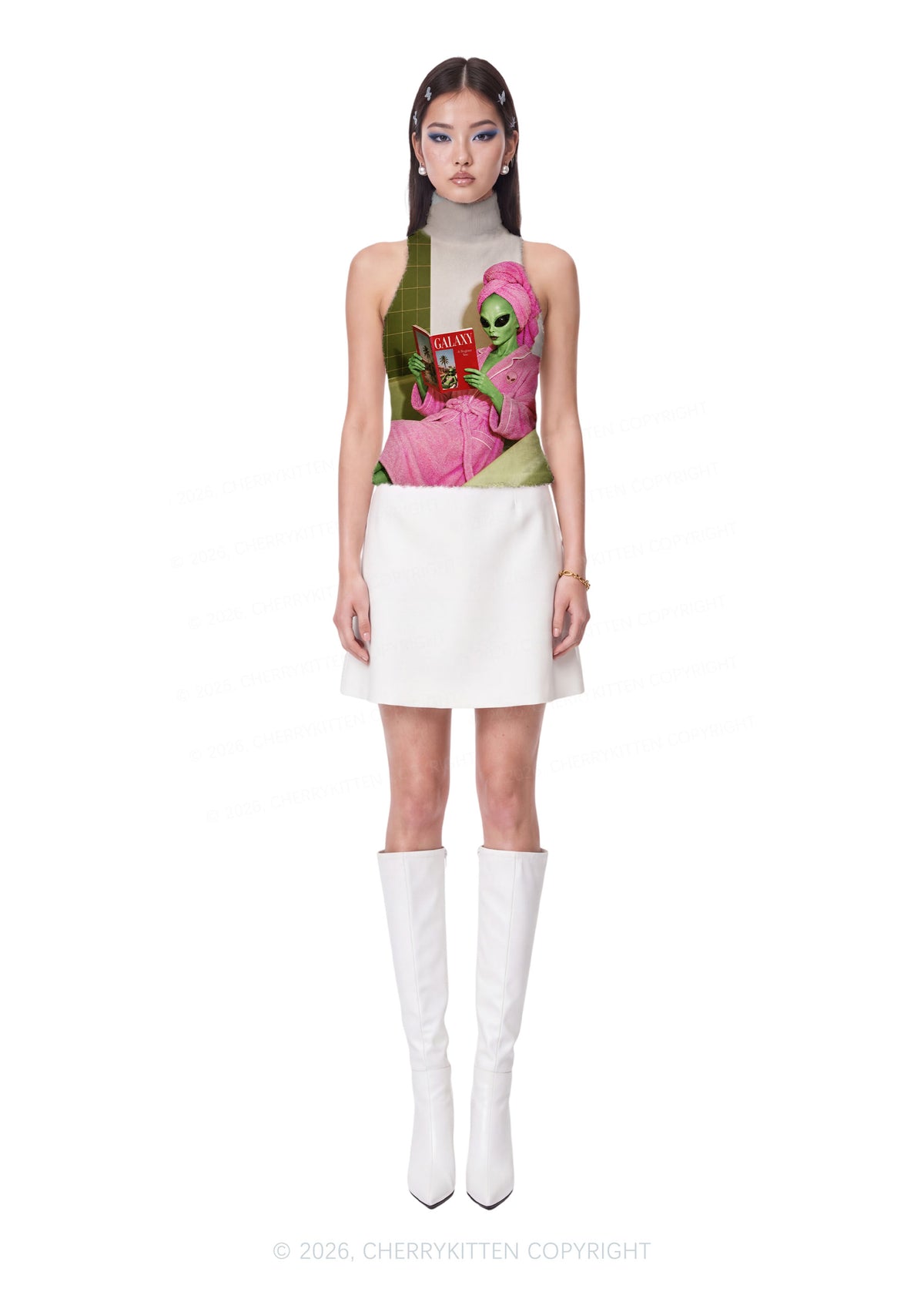 Pink Bath Robe Alien Y2K Knit Turtleneck Tank Top Cherrykitten