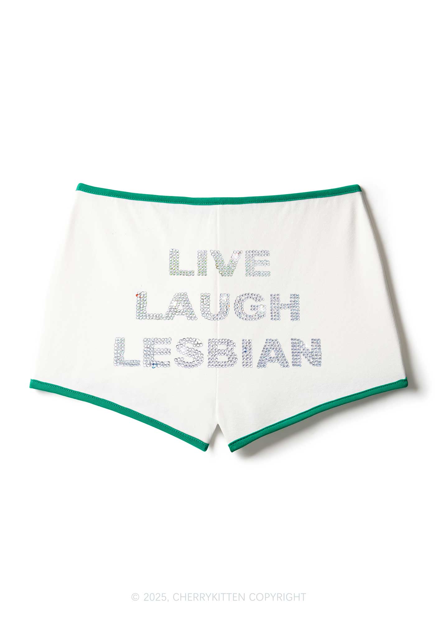 Rhinestone Live Laugh Lesbian Pride Y2K Booty Shorts Cherrykitten