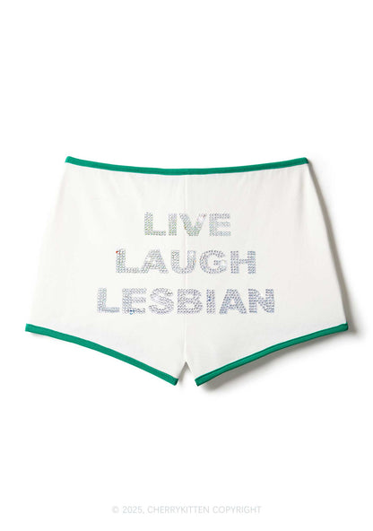 Rhinestone Live Laugh Lesbian Pride Y2K Booty Shorts Cherrykitten