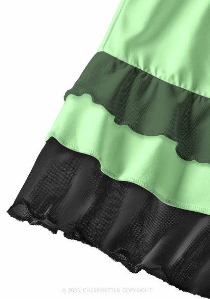 Plain Green Y2K Print Mini Layered Skirt Cherrykitten