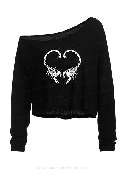Skull Scorpion Heart Y2K Off Shoulder Long Sleeve Crop Top Cherrykitten