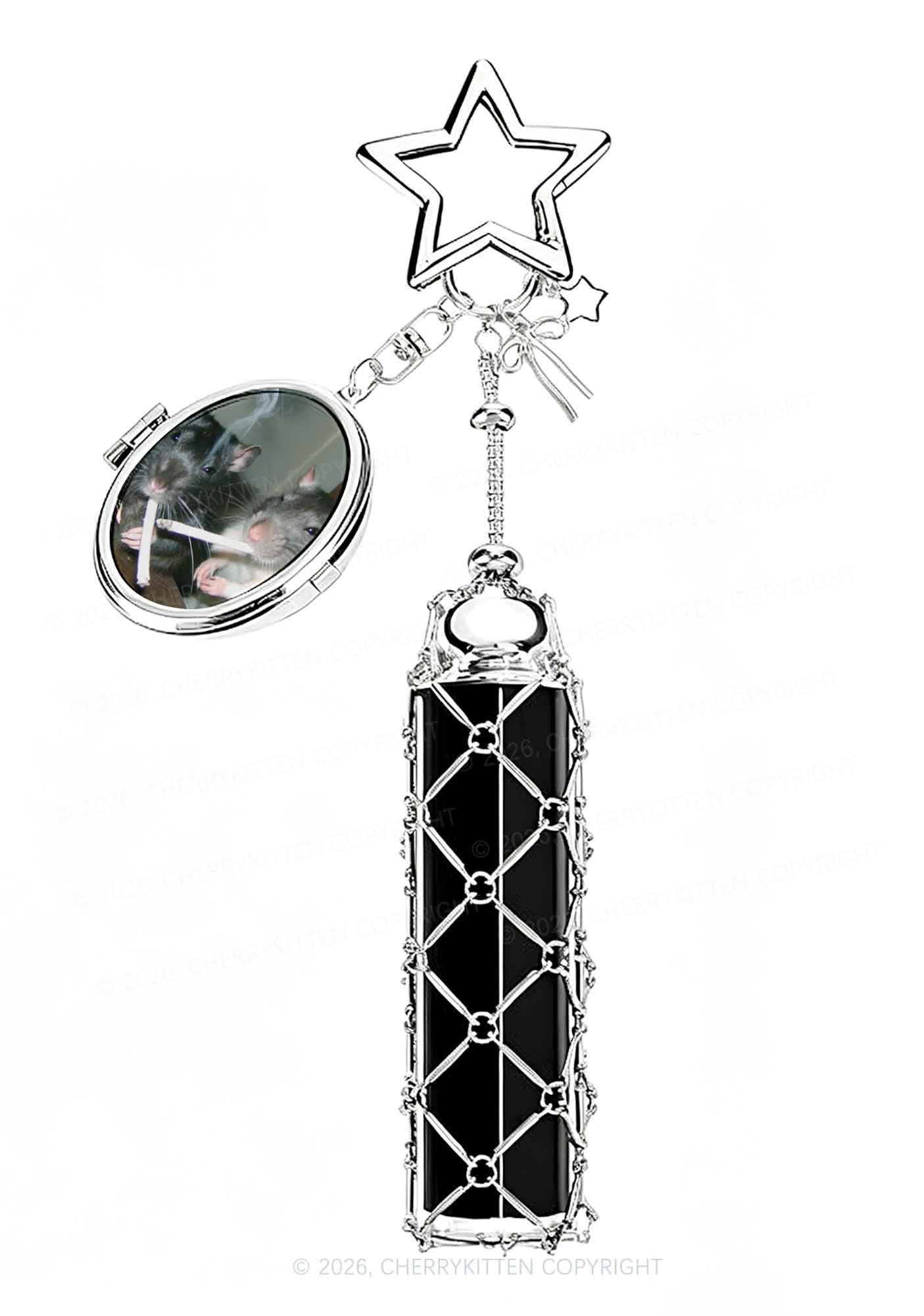 Smoking Rats 1pc Y2K Metal Mesh Lipstick Holder Keychain With Mirror Cherrykitten