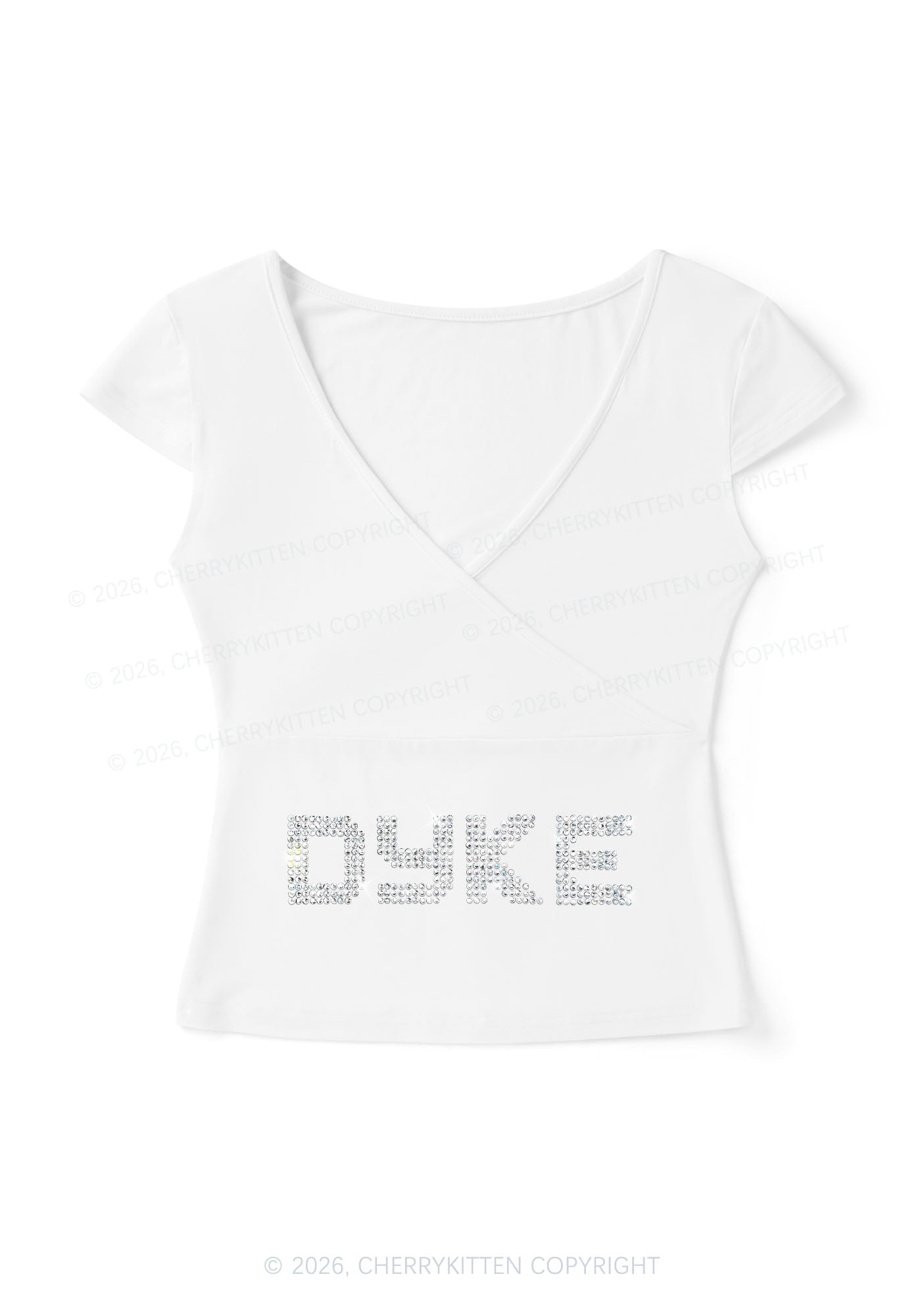 Rhinestone Dyke Pride Y2K Wrap V Neck T Shirts Cherrykitten