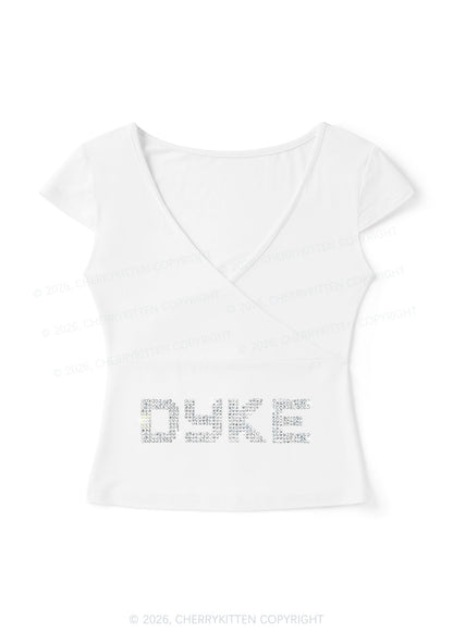 Rhinestone Dyke Pride Y2K Wrap V Neck T Shirts Cherrykitten