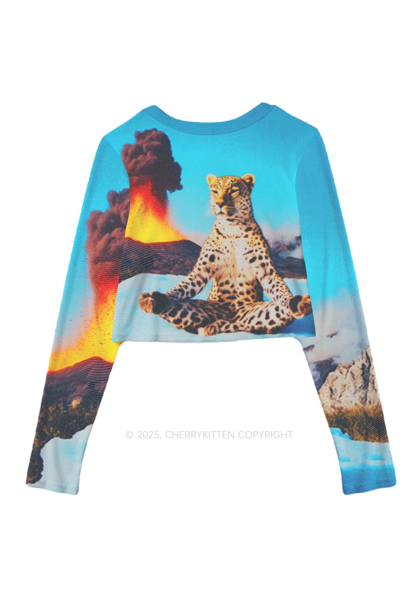 Yoga Leopard And Volcano Y2K Mesh Long Sleeve Crop Top Cherrykitten