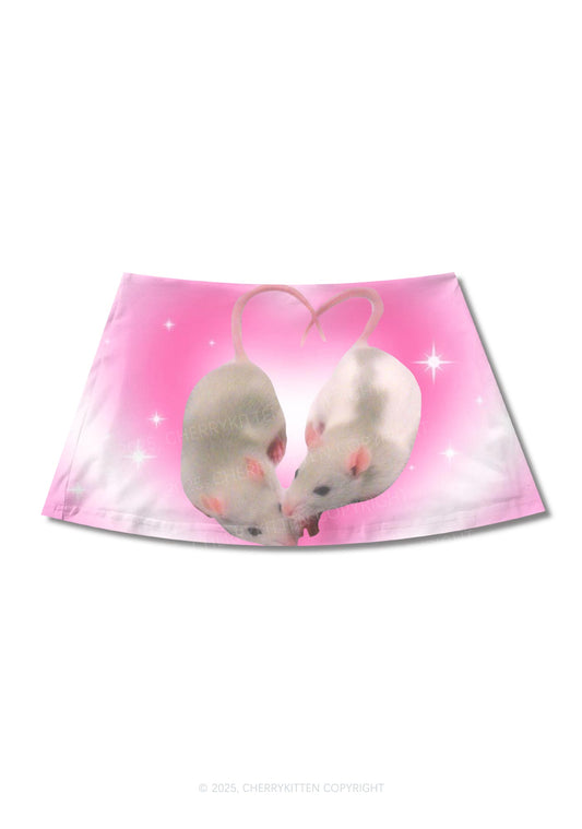 Pink Sweet Rats Valentine's Day Y2K Print Mini Skirt Cherrykitten