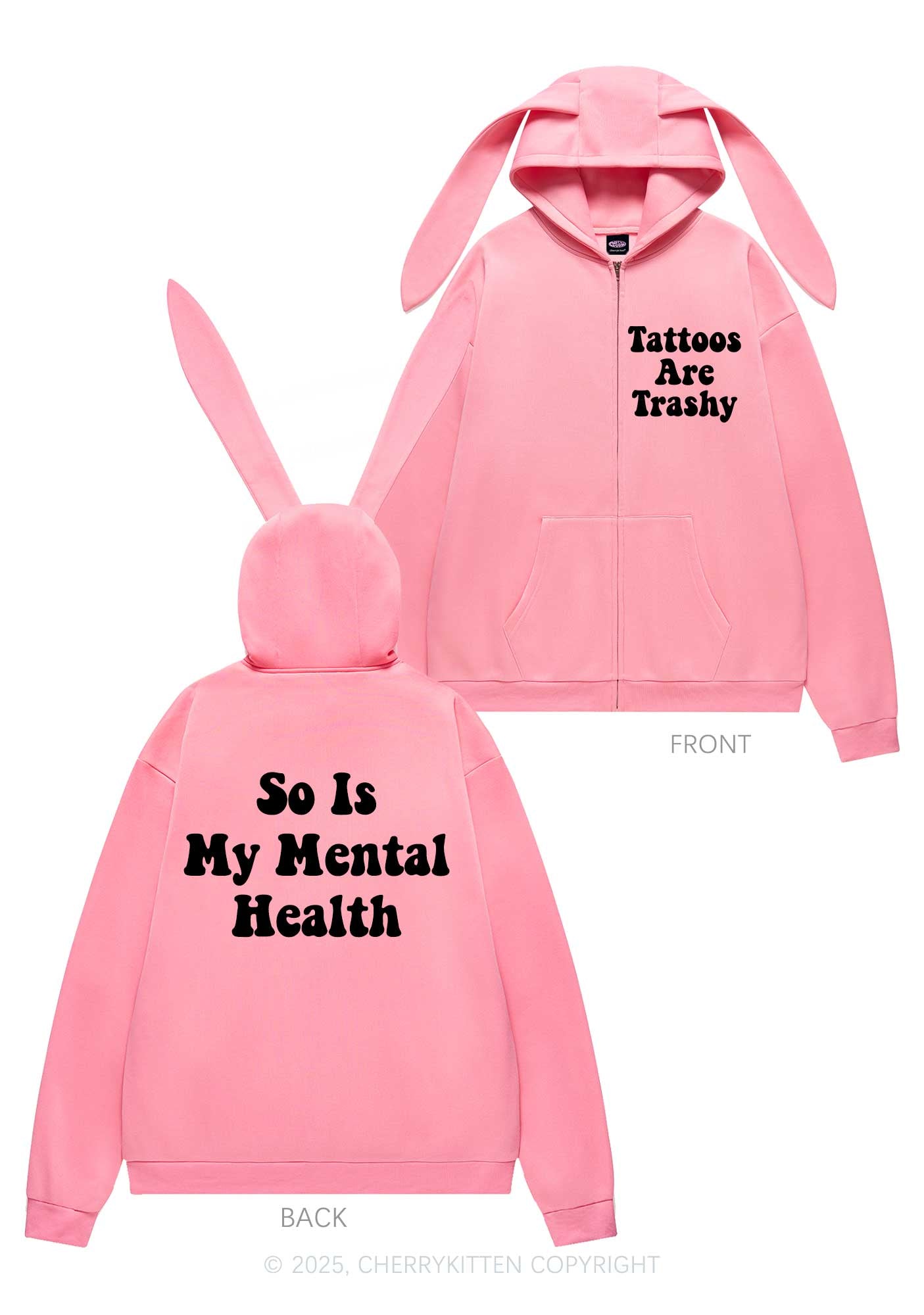 Tattoos Mental Health Y2K Bunny Ear Zip Hoodie Cherrykitten
