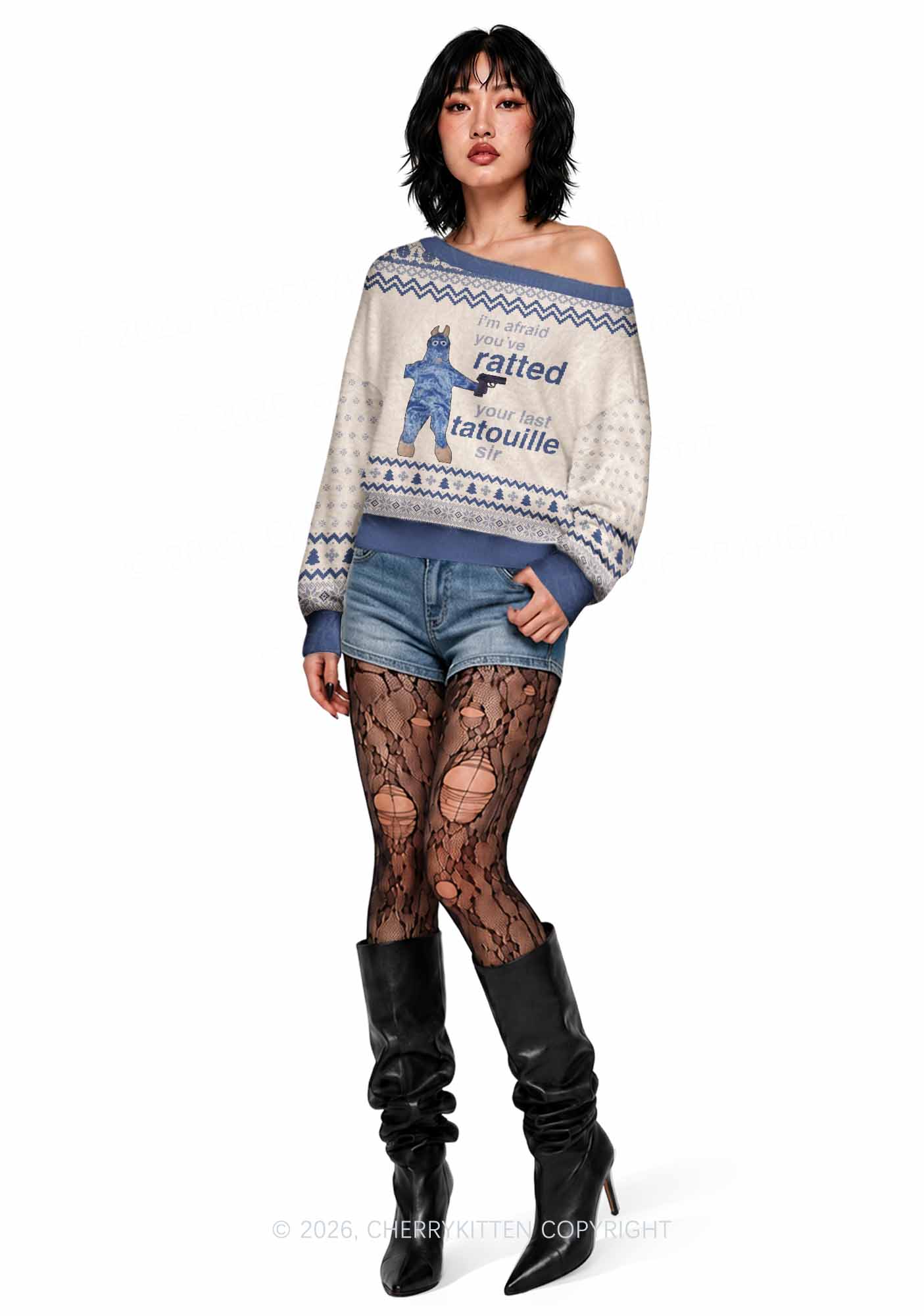 Ratted Last Tatouille Y2K Off Shoulder Knit Sweatshirt Cherrykitten