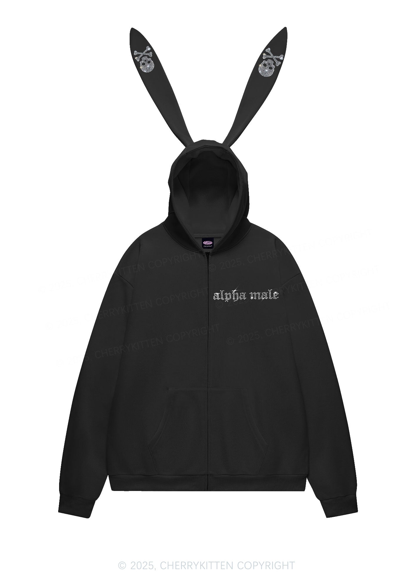 Rhinestone Alpha Male Skull Y2K Bunny Ear Zip Hoodie Cherrykitten