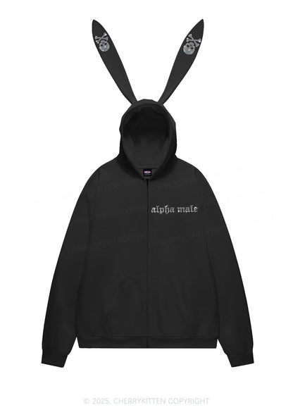 Rhinestone Alpha Male Skull Y2K Bunny Ear Zip Hoodie Cherrykitten