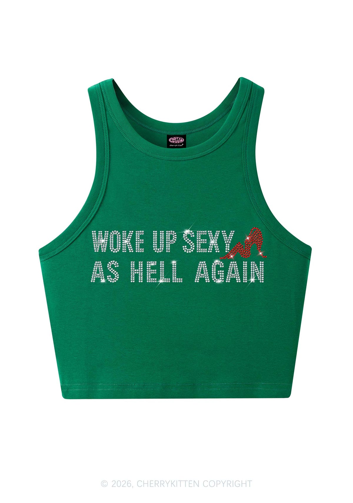 Rhinestone Woke Up Sexy Y2K Crop Tank Top Cherrykitten
