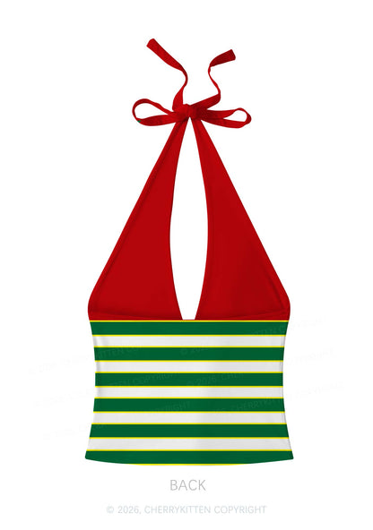 Green White Stripe Stars Y2K Print Halter Deep V Neck Cami Cherrykitten