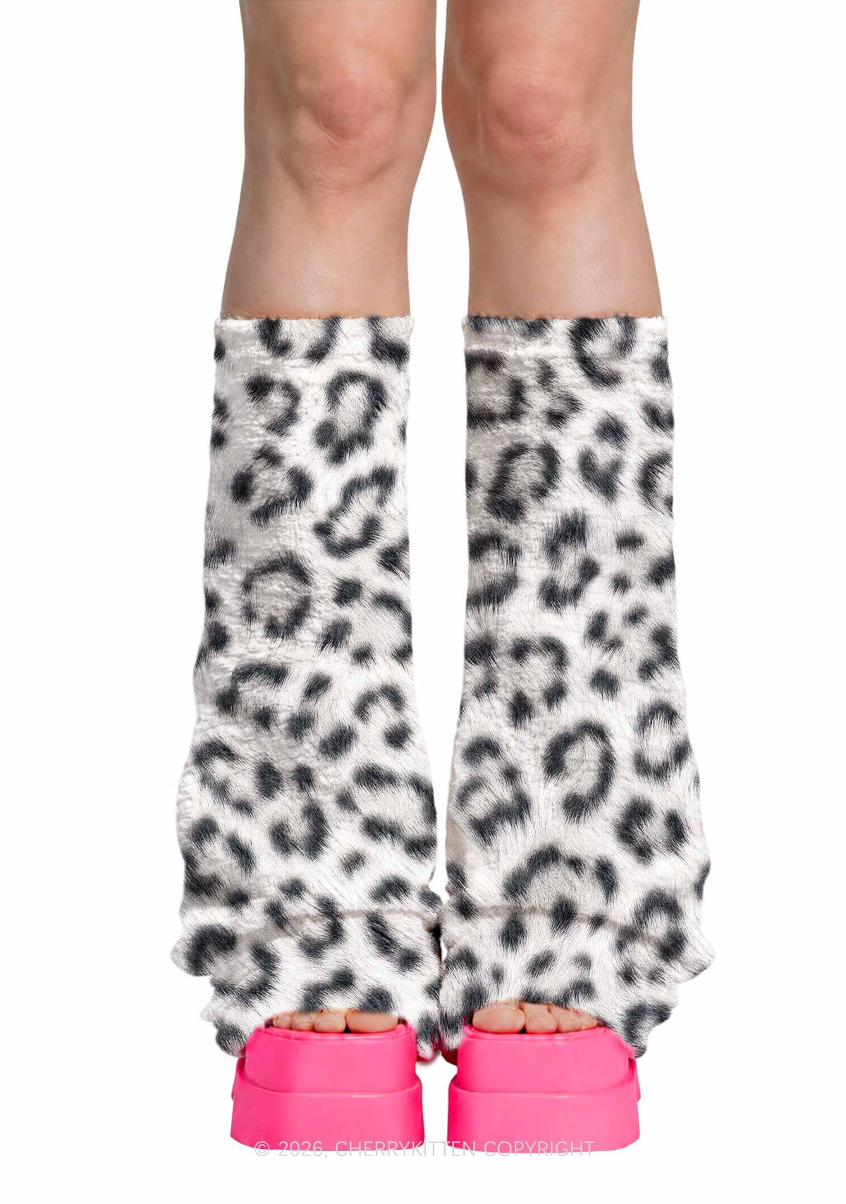 White Leopard Y2K Print Fuzzy Flared Leg Warmers Cherrykitten