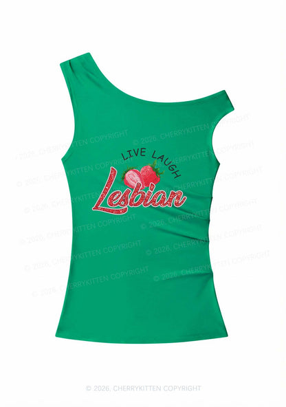 Live Laugh Lesbian Pride Y2K Off Shoulder Tank Top Cherrykitten