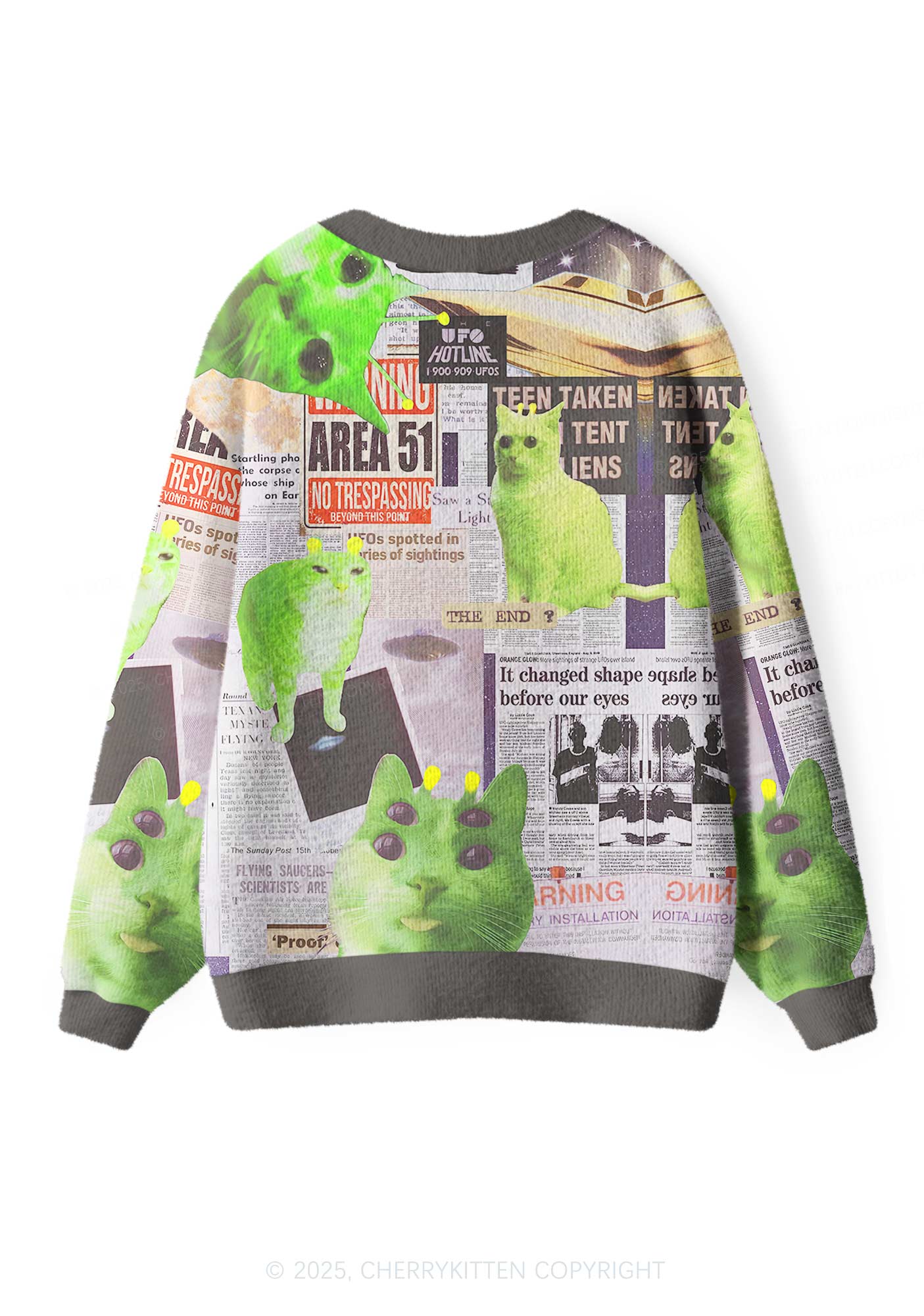 Grey Alien Kitten Y2K Christmas Cardigan Knit Sweatshirt Cherrykitten