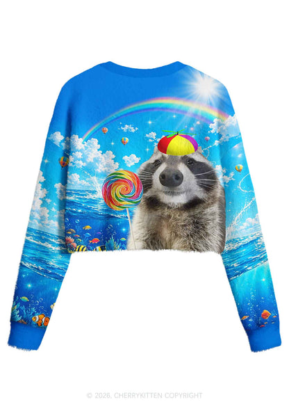 Rainbow Lollipop Raccoon Y2K Crop Knit Sweatshirt Cherrykitten