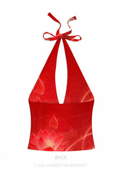 White Tiger Red Lotus Y2K Print Halter Deep V Neck Cami Cherrykitten